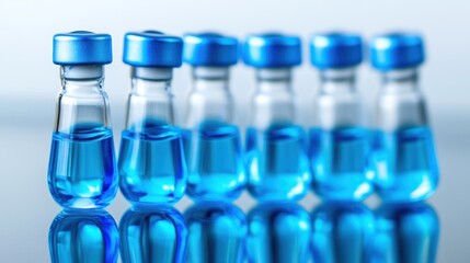 Row of glass vials containing blue liquid.