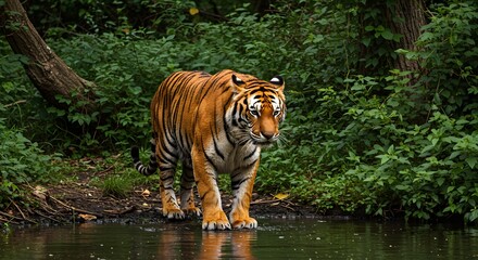Majestic Tiger Walking Through Tranquil Forest Water