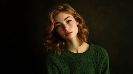 Fototapeta premium portrait of a young woman with freckles in a green sweater