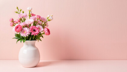 Pink flower bouquet in white vase against pink background