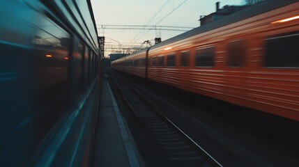 Naklejka premium Motion Blur of Two Passing Trains at Dusk: A Glimpse into the Fast-Paced World of Rail Travel