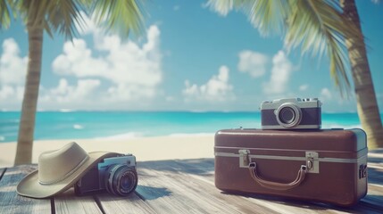 Beach scene with camera, hat, and suitcase.