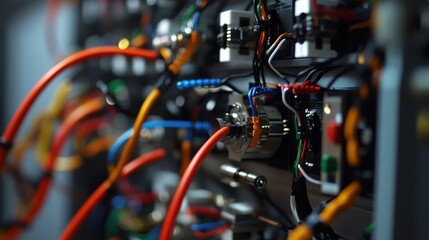 Fototapeta premium An advanced calorimetry instrument features multiple interconnected modules each designed for specific thermal study applications. The closeup highlights various colored wires and connectors