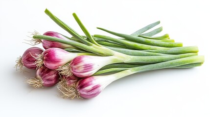 Fototapeta premium Fresh Red Onion Stalks: A bunch of vibrant red onion stalks with green shoots and roots lie on a flat surface, highlighting their fresh.