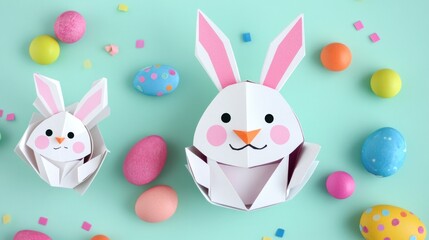 Obraz premium Cute paper bunnies and colorful eggs for decoration.