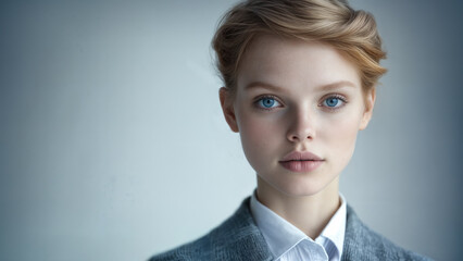 A studious looking young teenager in school attire. She has blue eyes, an innocent expression, and reddish brown hair boyish hair. A professional, mature appearance. Light blue background. Copy space.