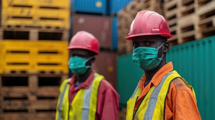 Two workers wearing protective gear carefully loading finished wooden products into cargo containers at a warehouse or distribution facility