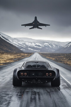 Sports car on a wet road with a jet plane taking off under a moody cloudy sky.
