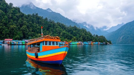 Fototapeta premium Vibrant village port nestled on the shores of a serene lake surrounded by majestic mountains Locals are busy loading timber onto colorful wooden boats