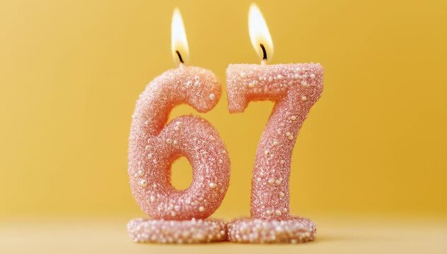 Celebratory 67th Birthday Candles with a Soft Pink Texture Set Against a Vibrant Yellow Background, Symbolizing Joy and Milestones in Life Events