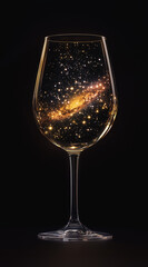 Glowing glass of amber liquid with sparkling highlights on a dark background.
