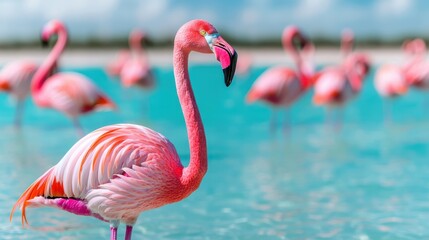 Vibrant flock of pink flamingos gracefully wading through a shallow tropical lake their reflections creating a stunning visual harmony with the surrounding natural environment