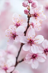 Obraz premium Pink cherry blossoms close-up photography, light background