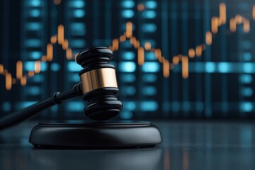 Wooden Gavel with Digital Financial Charts and Graphs Glowing on Futuristic Background Symbolizing Financial Analysis Investment Decisions and Legal Proceedings in the Digital Age
