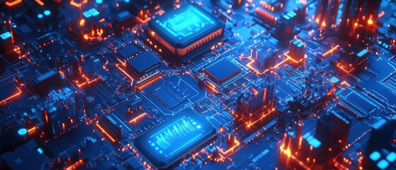 Obraz premium Electric circuit board with luminous paths. Used for tech, ai, data, network, future concepts