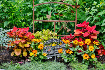 USA, Washington State, Sammamish. Summer perennial flower garden with zinnias. Beebalms. Coleus, lawn art. (PR)
