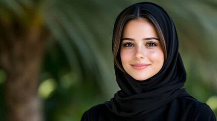 Emirati woman smiling, portrait, outdoors, lush greenery background; website profile picture