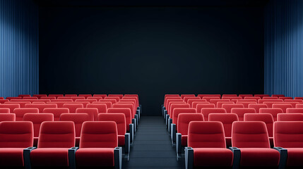 Fototapeta premium Empty movie theater seats, dark screen, blue curtains; ideal for film, cinema, or entertainment promotions