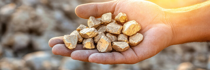 Hand holding gold nuggets, concept of wealth and mining labor. Gold ore mining in the deposit.
