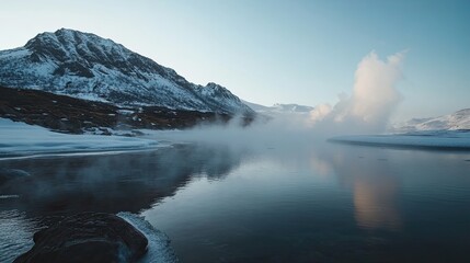 Fototapeta premium Serene landscape featuring a misty lake and snow covered mountains at dawn