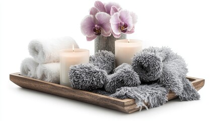 Spa treatment, orchid, towels, candles, tray, relaxation, white background, wellness
