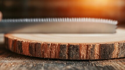 Vintage sawmill with large rotating circular blades cutting and processing raw wood timber materials in warm glowing sunlight
