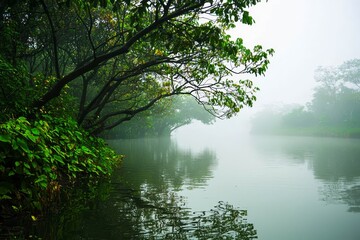 Fototapeta premium Lake, and forest under fog.