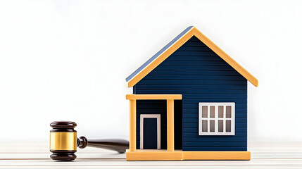 Gavel and house model on white background; foreclosure, auction concept