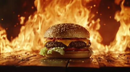 Juicy burger with flames in the background.