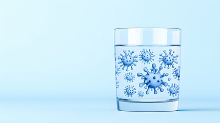 Glass of water with viruses, blue background, health risk concept, medical illustration