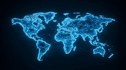 Global network connection, digital world map, glowing lines, dark background, for technology concepts