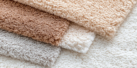 Samples of carpeting for flooring. Assortment of different colors, textures, fabrics. Wide selection of samples of soft floor covering.