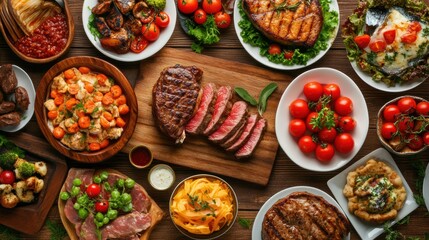 delicious food platter with grilled meats vegetables and sides