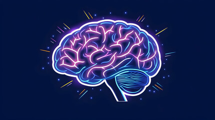 Glowing neon brain illustration, mind power concept, dark blue background, medical or educational use