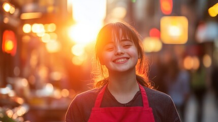 Fototapeta premium happy young woman smiling in sunset city street