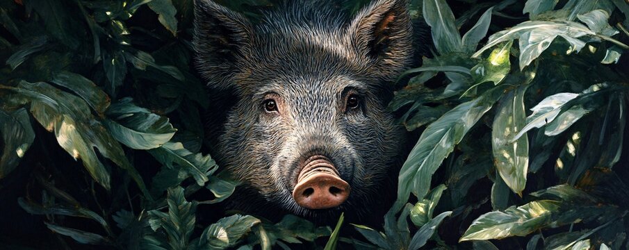 Wild boar peeks through the dense foliage in a vibrant jungle - Powered by Adobe