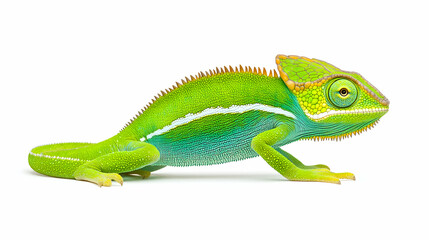 Fototapeta premium Green chameleon profile, isolated on white background, for reptile pet or wildlife illustrations