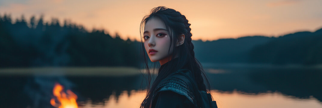 woman by lake at sunset with campfire reflecting in water, live action video game scene, cosplay 