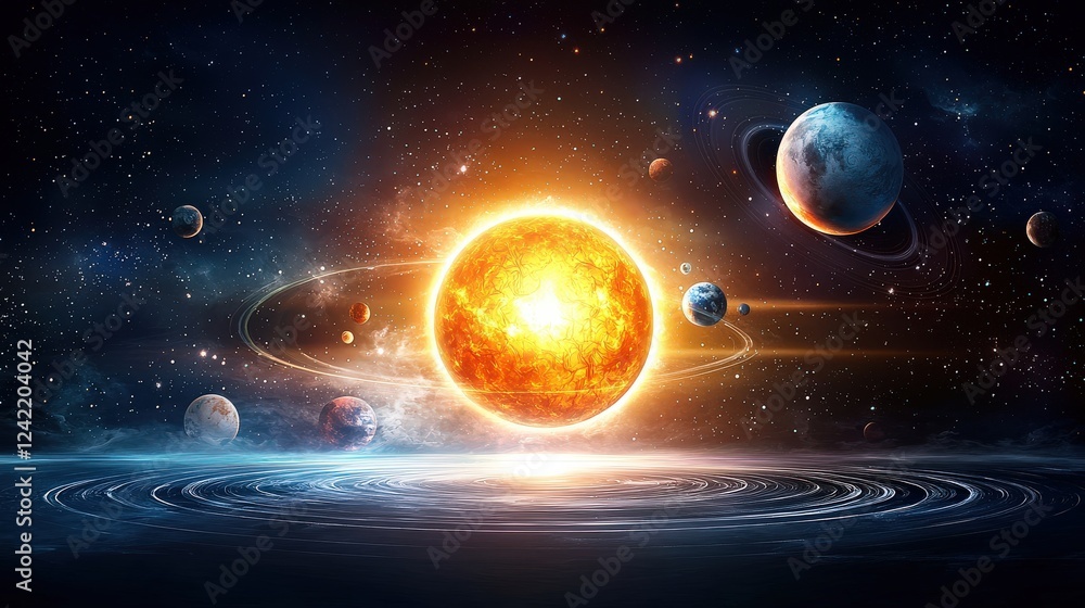 Poster a cosmic scene showing the orbits of different planets around a bright sun, each orbit line elegantl