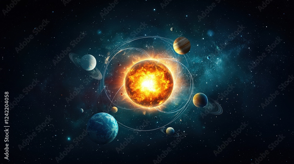 Poster a cosmic scene showing the orbits of different planets around a bright sun, each orbit line elegantl
