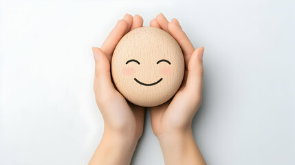 Hands holding a happy wooden emoticon;  white background; well-being concept; website banner