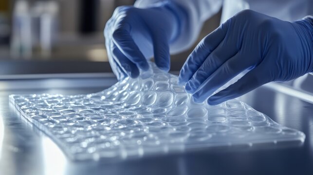 A medium closeup image highlighting a tactile experiment with hydrogel patches on a laboratory table. Scientists gloved hands delicately manipulate the patches emphasizing the flexibility