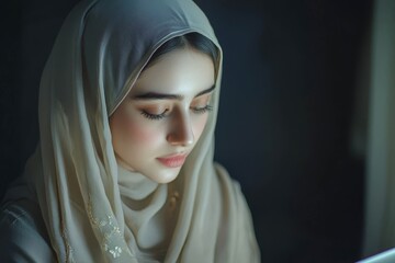 Naklejka premium Portrait of beautiful young muslim woman browsing internet on laptop.