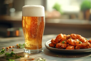 Beer and wings on kitchen counter