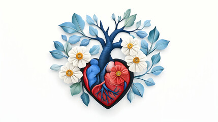 Heart tree artwork, blooming flowers, anatomical detail, white background, health concept