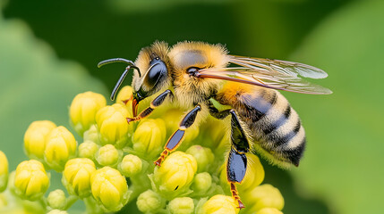 Fototapeta premium Honeybee pollinating yellow flowers, close-up, green background, nature photography