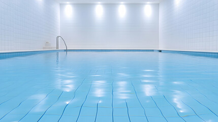 Obraz premium Indoor pool, calm water, white tiles, bright lights, wellness center