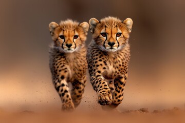 Obraz premium Two adorable baby cheetah cubs playing and pouncing on each other in the savanna grassland The young predators show their playful