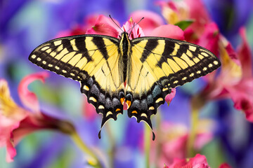 USA, Washington State, Sammamish. Female eastern tiger swallowtail butterfly on Peruvian lily and blue Dutch iris as a backdrop