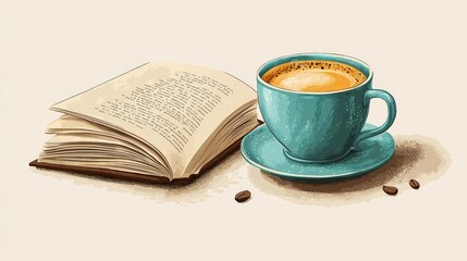 A cute and fun coffee and book pairing illustration, perfect for adding a touch of tranquility and joy to your social media.